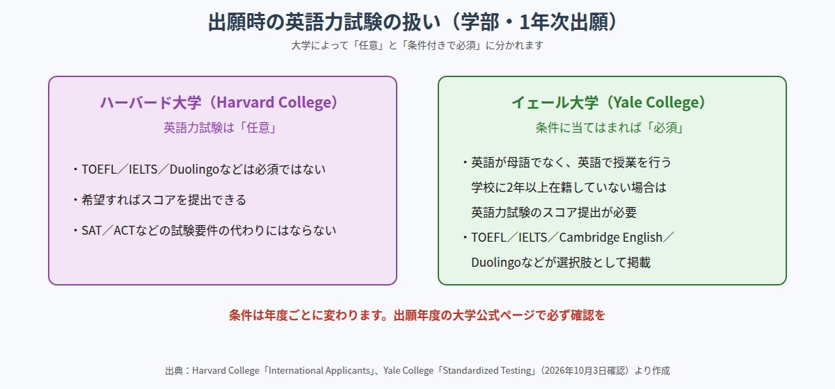 ハーバード大学とイェール大学の出願時の英語力試験の扱いの比較