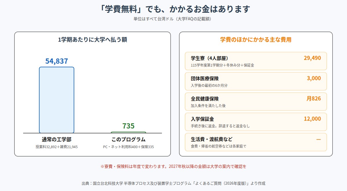 1学期あたりの学費・雑費の比較と、学費以外にかかる主な費用(台湾ドル)