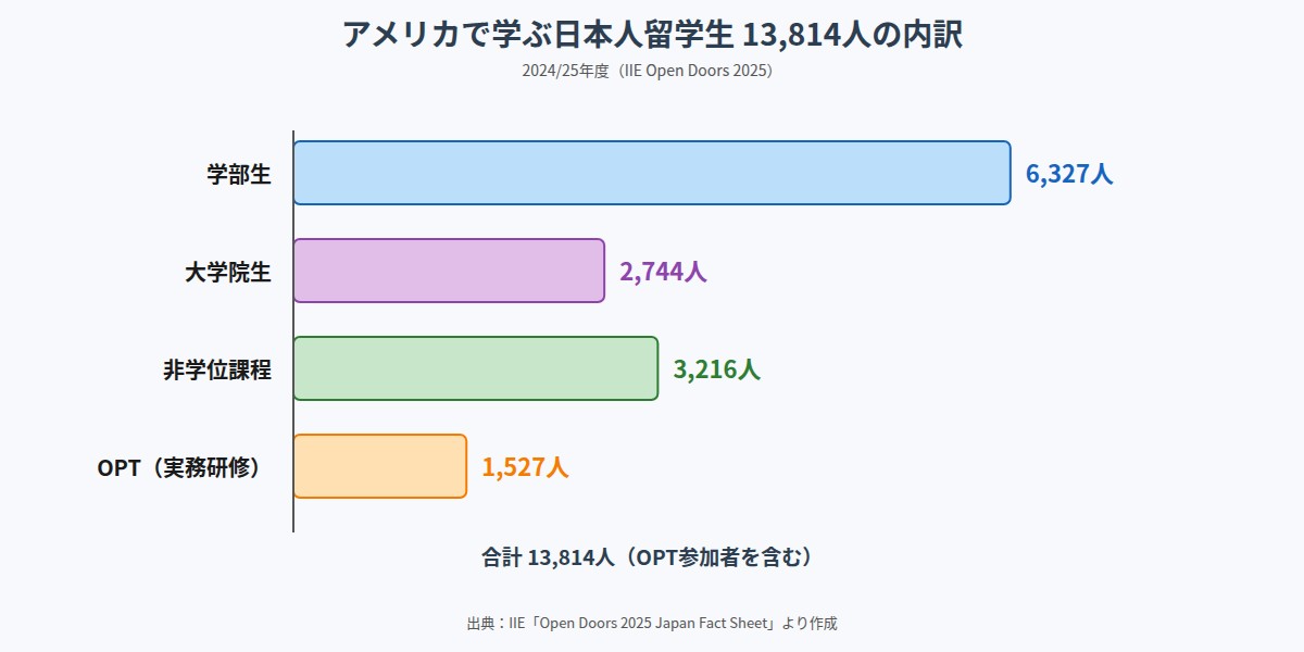 2024/25年度に米国で学ぶ日本人留学生13,814人の内訳