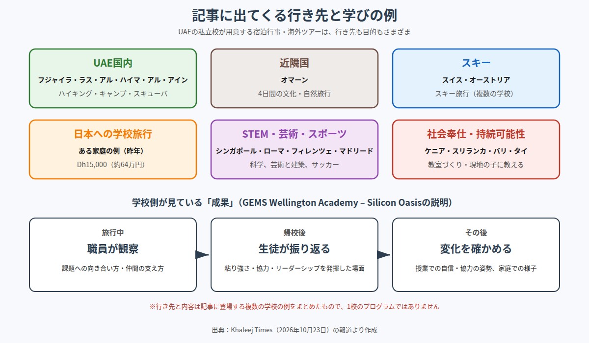 記事に出てくる宿泊行事・海外ツアーの行き先と内容、学校側の成果の見方の整理