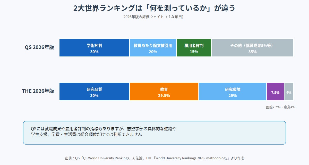 QSとTHEの2026年版の評価ウェイトを比べた帯グラフ